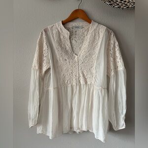 Tendenze Italian Silk and Lace Sheer Flowy Layered Blouse Cream Women Large